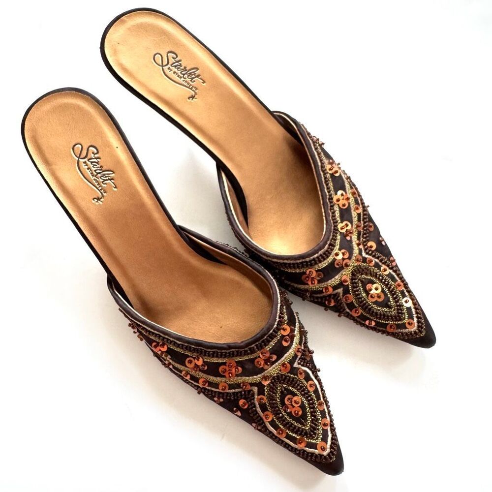 VTG Y2K Beaded Sequin Pointed Toe Chocolate Brown Kitten Heel Mule Size 6.5